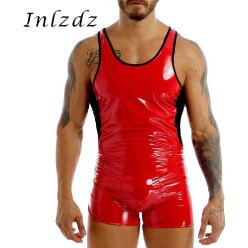 Mens Lingerie Latex Bodysuit Wet Look Patent Leather U Neck Jumpsuit Sleeveless Backless Skin-Tight Leotard Short Sexy Clubwear