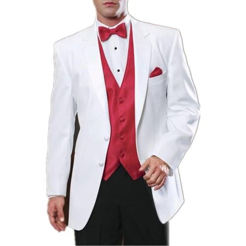 White Jacket Red Vest Black Pants Men wedding Suits Peaked Lapel Formal Men Suits Groom Tuxedos 3 Piece Suits Jacket+Pants+Vest