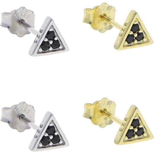 Wholesale Real 925 sterling silver minimal geometry three black cz triangle stud earring for women girl classic party jewelry