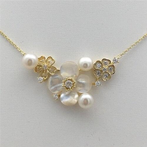 New natural freshwater 5-6MM white pearl shells Flowers Tibetan silver + 18KGP necklace with good quality 16 inches 001