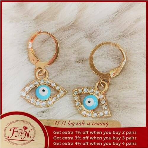 2021 New Fashion Simple Jewelry Charm Girls Women Golden Color Rhinestone Blue Eyeball Eyes Light Bright Gift Hoop Drop Earrings