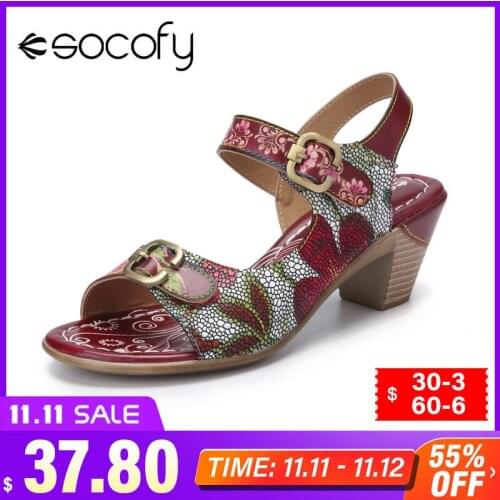 Socofy Retro Calico Print Genuine Leather Splicing Metal Buckle Hook Loop Chunky Heel Sandals Women Bohemian Pumps Women Shoes