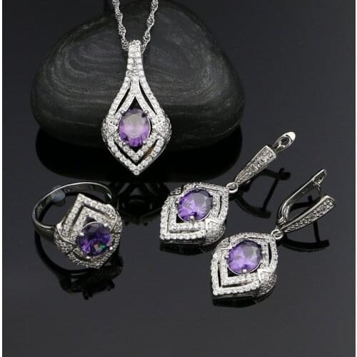 Wedding 925 Sterling Silver Bridal Jewelry Sets For Women White Crystal Purple Stone Earrings Ring Necklace Pendant