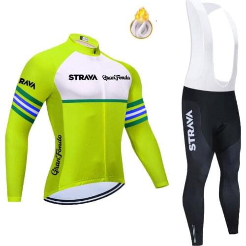 2021 STRAVA Long Sleeve Cycling Jersey Bike Pants Set Mens 20D Brazil Ropa Ciclismo Thermal Fleece Bicycling Maillot Culotte