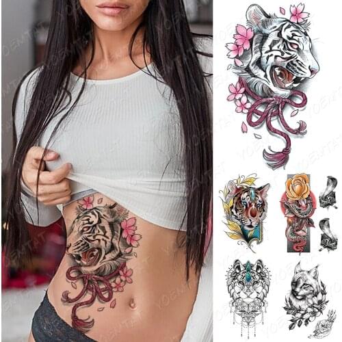 Waterproof Temporary Tattoo Sticker Tiger Sakura Circus Flash Tattoos Dark Snake Jewelry Lace Cat Body Art Arm Fake Tatoo Women