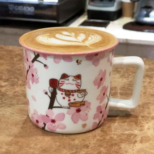 Japanese Cherry Blossom Lucky Cat Ceramic Milk Coffee Mug Creative Tea Cup Cute Cartoon Office Water Cups Juice Mug Drinkware