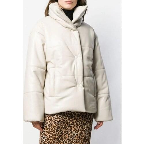 2020 Winter Women Faux Leather Parkas Coat Lady Turtleneck Single-Breasted Warm Jacket Female Outwear Top with Pockets