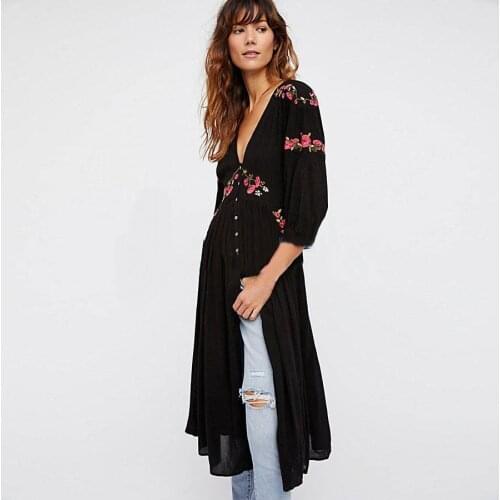 Floral Embroidered MIDI Dress Women Hippie Chic Summer Deep V-neck Long Sleeves Dresses Boho Cotton Long Dress Cardigan Vestidos