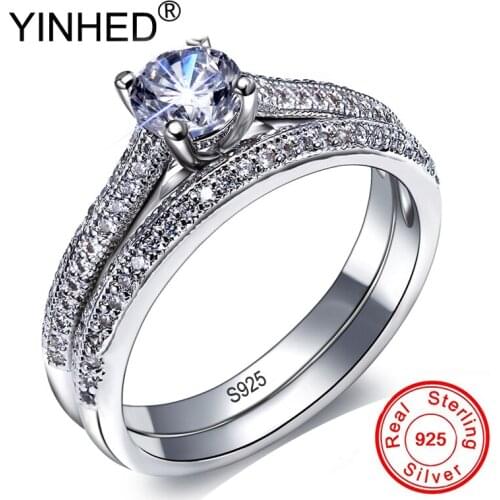 YINHED Luxury Engagement Rings Set for Women 2pcs 925 Sterling Silver Cubic Zirconia Wedding Ring Vintage Jewelry ZR277