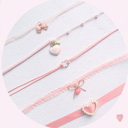 Women Choker Necklace Fashion Lace Necklace Heart Choker Bow Pendant Necklace Sweet Pink Choker Necklace Jewelry