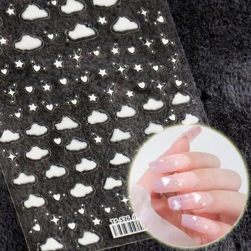 1 Sheet 3D Nail Art Sticker White Cloud Shine Stars 5D Soft Reliefs Embossed Adhesive Nail Art Decorations Nail Decals Wholesale