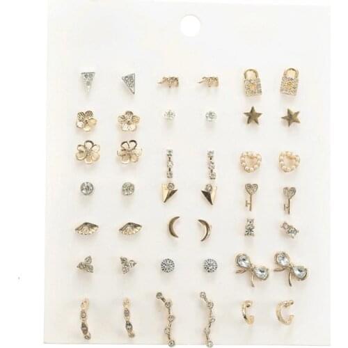 30 Pairs Mixed Round Ball Metal Pearl Crystal Stud Earrings Set Fashion Jewelry