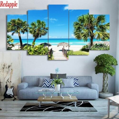 5 piece diy diamond painting kits Beach tree scenery full square round drill diamond embroidery sale summer wall decoration