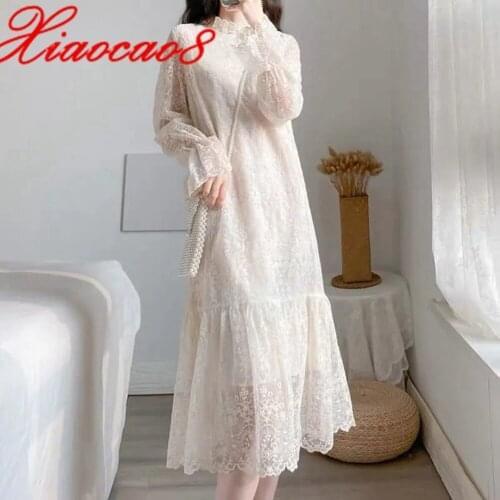 Plus Size Elagent Long Sleeve Beige Lace Dress Korean Style Mid-Calf Women Party Dresses 2021 Spring New Fashion