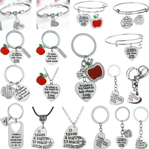 It Takes A Big Heart Teacher Keyring Apple Love Heart Crystal Pendant Necklace Bracelets Bangle Jewelry Teachers Day Gift Charm