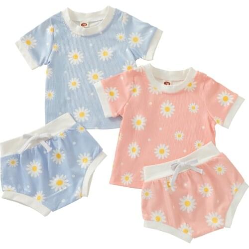2021-05-13 Lioraitiin 0-24m Infant Baby Girl Kids Suit Set Daisy Print O-Neck Short Sleeve PulloverShort Pants Pink/Blue 2Styles