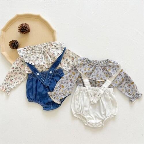 Korean Style Spring Autumn Toddler Baby Girl Clothes Suit Cotton Flower Long Sleeve Shirt+Cowboy Jumpsuit Baby Clothing Set