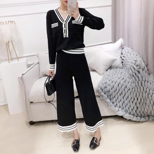 Ladies Suit Sweet and Casual Autumn Womens Suit Fashion Knit Sweater Wide Leg Pants Two-piece Suit Western Style Reduce Age