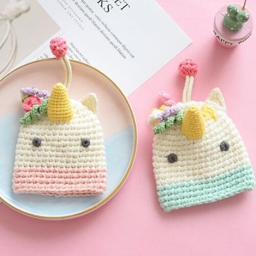 Cartoon animation handmade Unicorn Penguin cute wool knitting pull-out key bag creative gift set key protection case