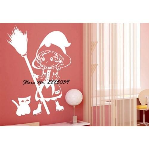 A Little Witch With Cat Wall Stickers For Kids Rooms Mural Removable Sticky Vinyl Waterproof Wallpapers Home Decor Design LA166