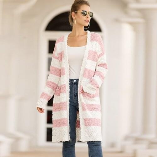 2019 New Winter Cardigan Women Open Stitch Knitted Striped Cardigan Sweater Female Jumper Coat Plus Size Clothes Outwear YHX048