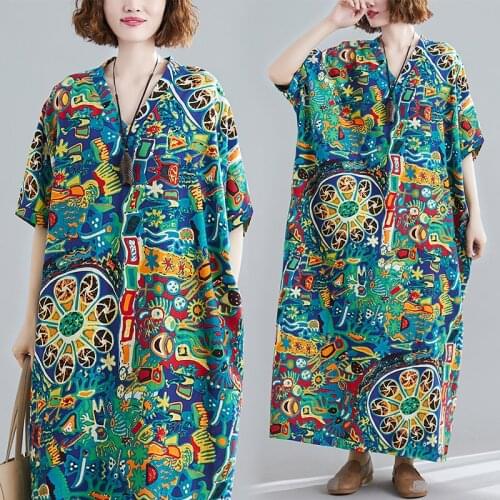 2020 New Womens Summer Retro National Style Large Size Cotton Linen Printed Loose Dress B226