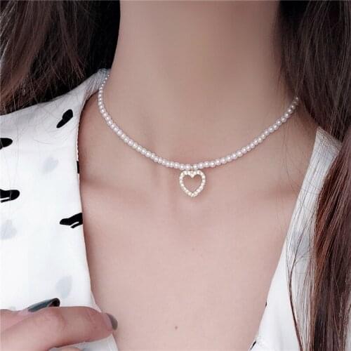 Cute Girls Tiny Rhinestone Heart Choker Pearl Beads Chain Necklace For Women Collar Female Jewelry Valentines Party Gift