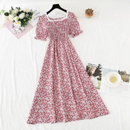 Floral Print Chiffon Dress Women 2021New Short Sleeve Square Collar Elegant Party Dress Summer Clothes Elastic waist Midi Dress
