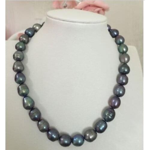 Stunning 11-12mm tahitian baroque black green pearl necklace 18inch 14k