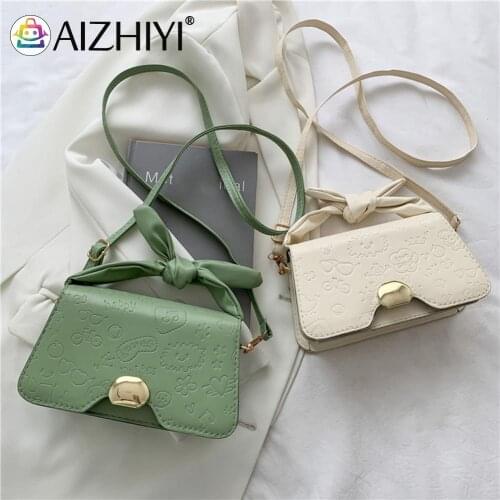 Women Cartoon Embossing Casual Shoulder Bag Pure Color PU Square Bags Simple Female Top-handle Small Bowknot Handbag