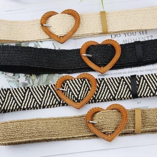 Heart Shape Wood Buckle Women Belt Straw Casual Wide Belt Female Woven Vintage Elastic Belt Decoration Dress Shirt Waist Belts