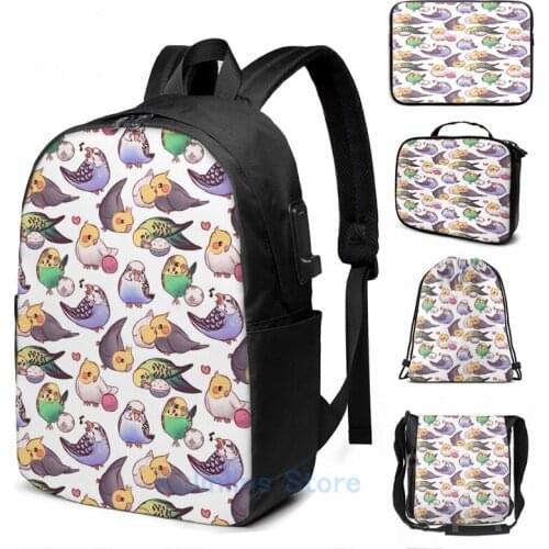 Funny Graphic print Budgies Cockatiels USB Charge Backpack men School bags Women bag Travel laptop bag