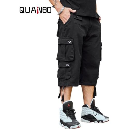 QUANBO Mens Casual Loose Fit Multi-Pockets Military 3/4 Cargo Shorts 2021 Summer New Men Casual Cotton Safari Style Shorts
