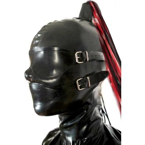 Special sexy exotic club lingerie handmade black latex cute open eyes&mouth with top tress wig back zipper cekc Costume hoods