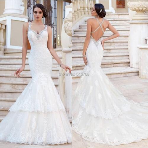 New Design Mermaid Wedding Dresses Sweetheart Court Train Lace Appliques Criss Cross Garden Bridal Party Gowns