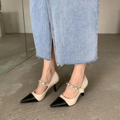 Women Pumps Pointed Toe Shallow Slip On Thin High Heels Mixed Color Metal Chain Design Office Party Pumps Elegant Dress Shoes
