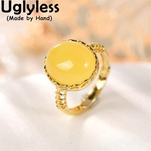 Uglyless Minimalist Blank Gemstones Rings for Women Butter Amber Rings Natural Gemstones Beeswax Jewelry Simple 925 Silver Rings