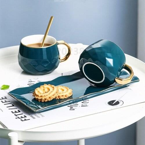 Green Nordic Ceramic Coffee Cup European Luxury Afternoon Tea Cup with Dessert Plate and Spoon