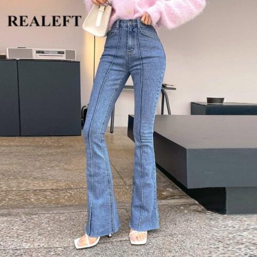 REALEFT Autumn 2021 New Classic Womens Jeans Mid Waist Denim Flare Pants Retro Washed Streetwear Patchwork Trousers Female