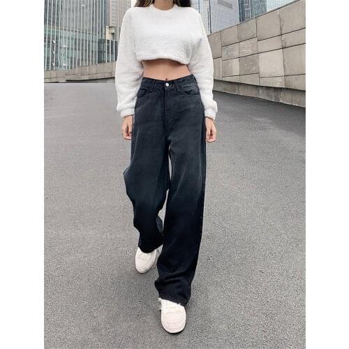 Women Casual Long Pants Black Tie-dyed Printing High Waist Straight-leg Trousers S/ M/ L Cotton comfortable Jeans for girl