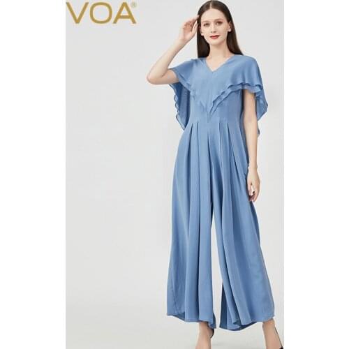 VOA Silk 30m/m Silk Heavyweight Bamboo LOOSE Moon Blue V-neck Ruffled Back Zipper Fold Stitching Wide-leg Jumpsuit Women KE569