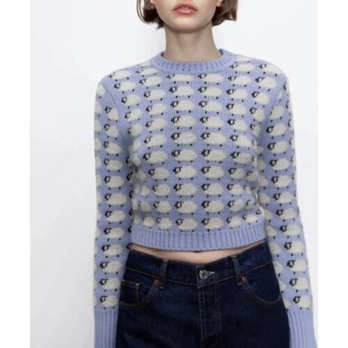Women Long Sleeve Crew Neck Sweater Cartoon Little Sheep Print Jacquard Crop Top Harajuku Casual Slim Knitwear Jumper