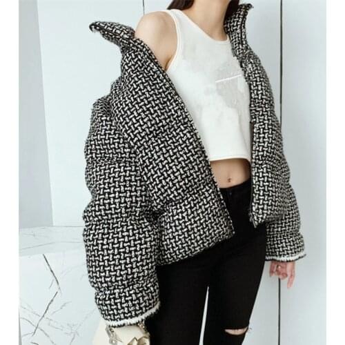 Runway Women 2021 Fashion Stand Collar Plaid Tweed Puffer Jacket Winter Coat Cotton-padded Clothes Warm Outwear