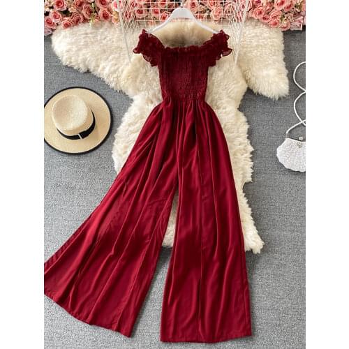 Summer Vintage Green/Black/Yellow/Purple Wide Leg Romper Women Sexy Slash Neck Short Sleeve Off Shoulder Jumpsuit Beach Vacation