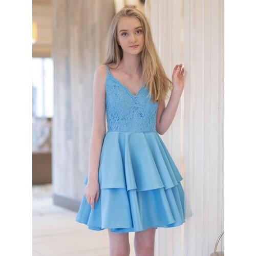 Graduation Dresses Short A-Line/Princess V-Neck Above Knee, Mini Blue Satin Ruffles Dresses With Lace