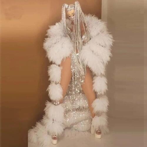 White Womens Winter Style Scrawl Coat Bodysuits a Set Bar Nightclub Singer Stage Wear Performance Custome Party Rave Clothing