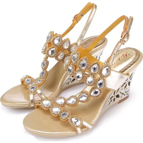 2019 New Bohemian Style Gold Large Size Peacock Pattern Wedge Sandals with Rhinestone Sandals Open Toe High Heels 8CM