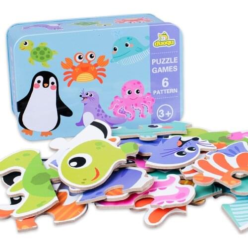 Baby Puzzle Toys Games Iron Box Cartoon 3D Animals Wooden Puzzle For Children Montessori Early Educational Activity Toys Kids