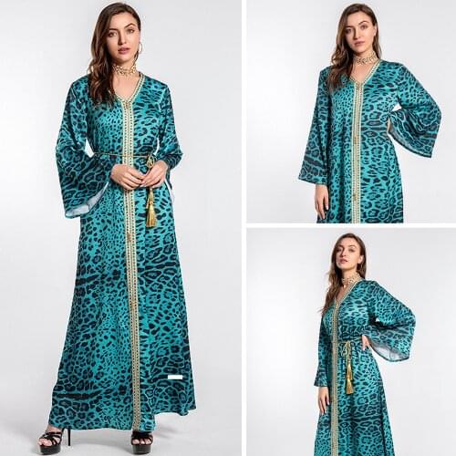 Dubai Muslim Women Leopard Print Long Dress Kaftan V-neck Abaya Islamic Clothing Arabic Ramadan Party Maxi Robe Gown Middle East