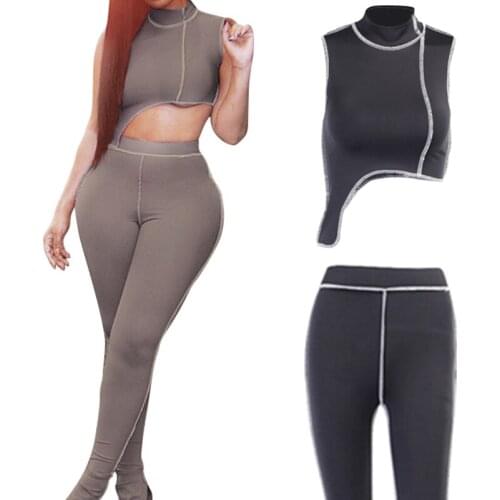 Elastic High Fitness Tracksuit 2 Piece Set Women Asymmetry Outfit Turtleneck Fashion Crop Top+Pants